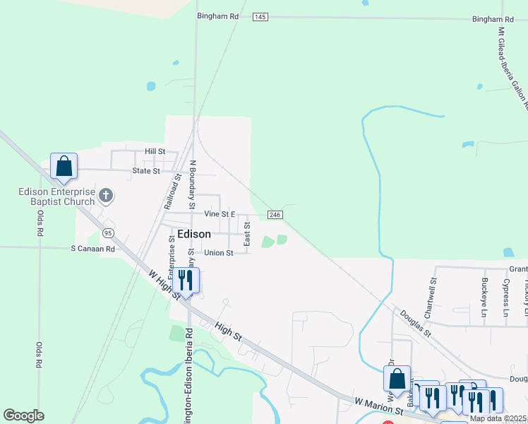 map of restaurants, bars, coffee shops, grocery stores, and more near 4043 Township Road 246 in Edison