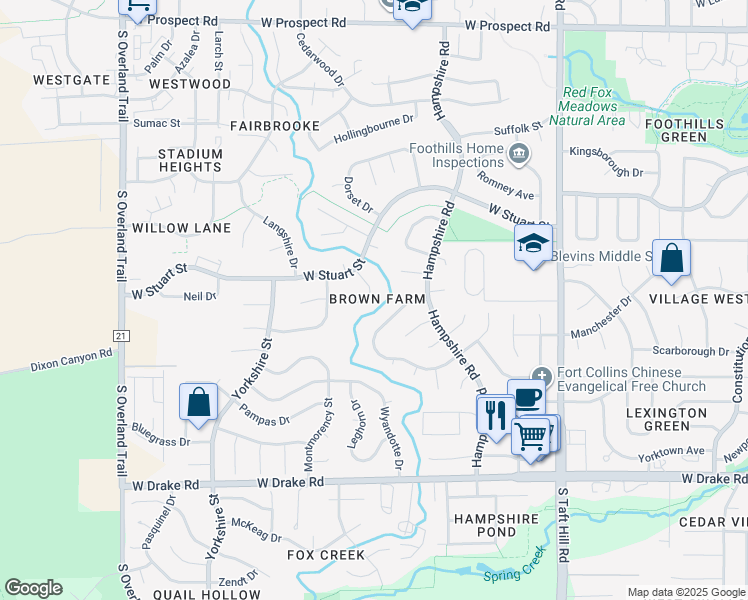map of restaurants, bars, coffee shops, grocery stores, and more near 2130 Ryeland Lane in Fort Collins