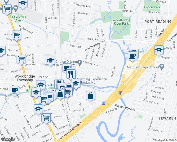 map of restaurants, bars, coffee shops, grocery stores, and more near 518 Garden Avenue in Woodbridge Township