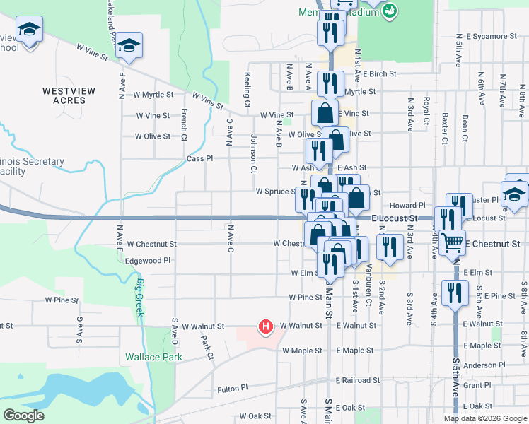 map of restaurants, bars, coffee shops, grocery stores, and more near 219 West Locust Street in Canton