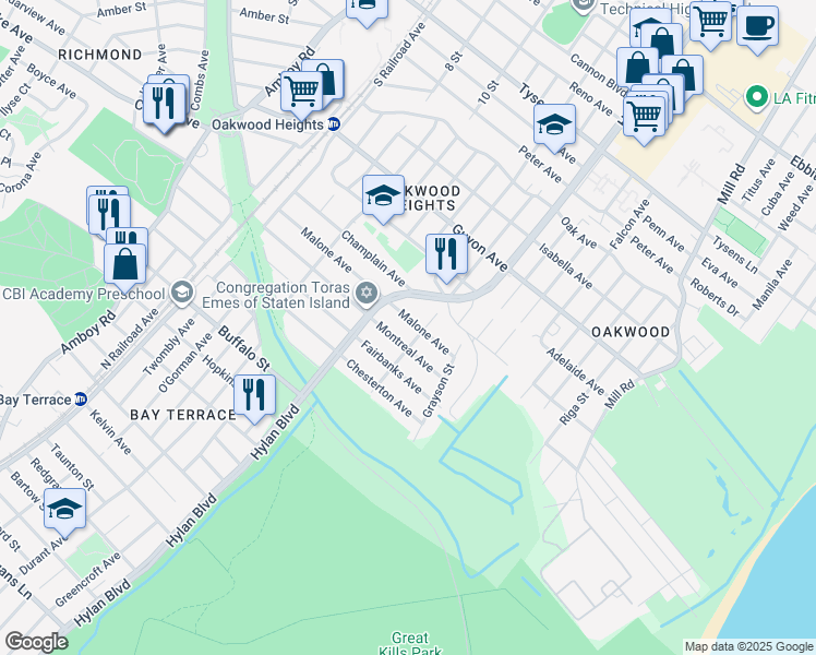 map of restaurants, bars, coffee shops, grocery stores, and more near 174 Malone Avenue in Staten Island