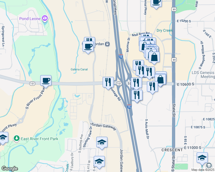 map of restaurants, bars, coffee shops, grocery stores, and more near 303 South Jordan Parkway in South Jordan