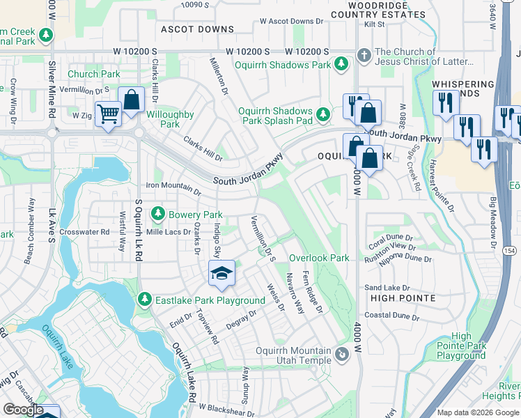 map of restaurants, bars, coffee shops, grocery stores, and more near 4276 South Belleville Way in South Jordan