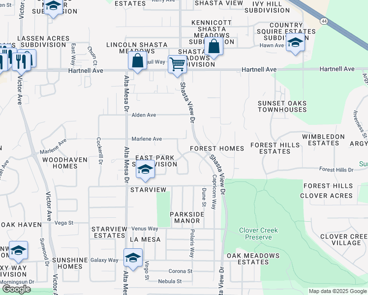 map of restaurants, bars, coffee shops, grocery stores, and more near 3326-3358 Capricorn Way in Redding
