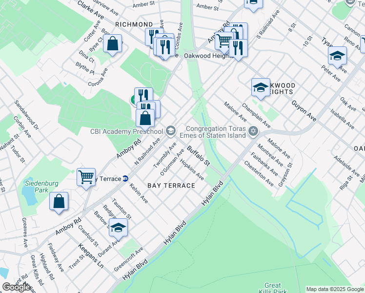 map of restaurants, bars, coffee shops, grocery stores, and more near 124 Buffalo Street in Staten Island