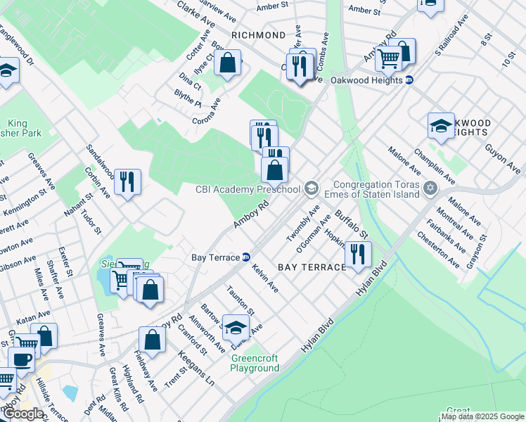 map of restaurants, bars, coffee shops, grocery stores, and more near 3374 Amboy Road in Staten Island