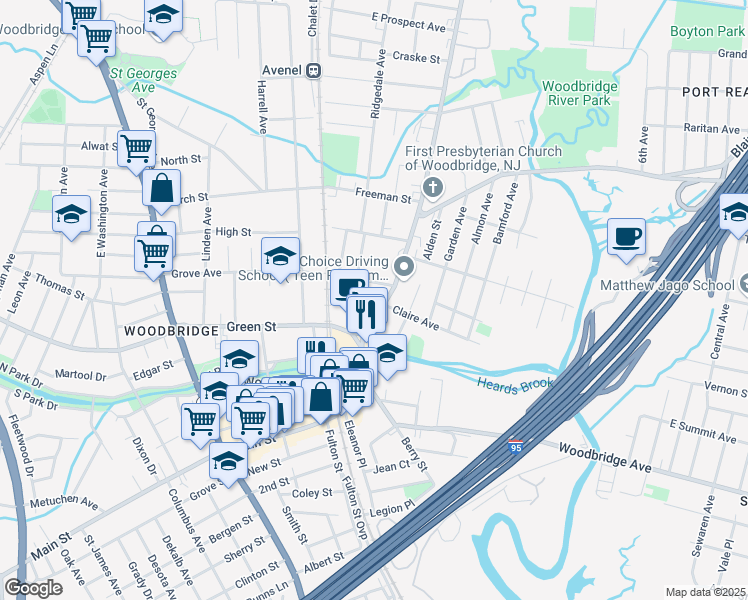 map of restaurants, bars, coffee shops, grocery stores, and more near 501 Rahway Avenue in Woodbridge Township