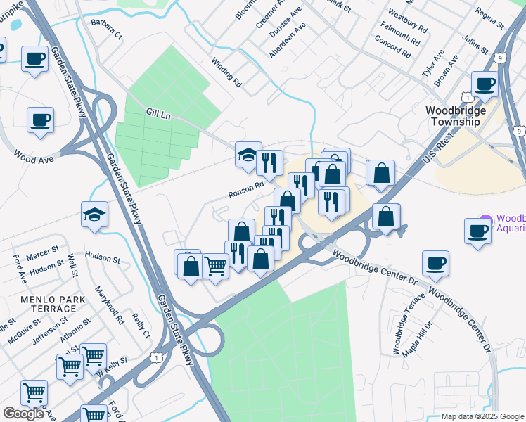 map of restaurants, bars, coffee shops, grocery stores, and more near 101 Woodbridge Commons Way in Woodbridge Township