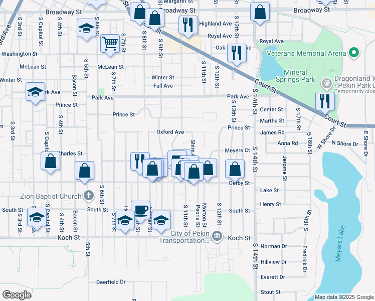 map of restaurants, bars, coffee shops, grocery stores, and more near 1119 Shire Avenue in Pekin