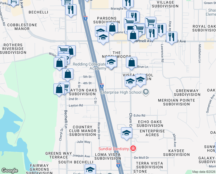 map of restaurants, bars, coffee shops, grocery stores, and more near 810 Shirley Lane in Redding