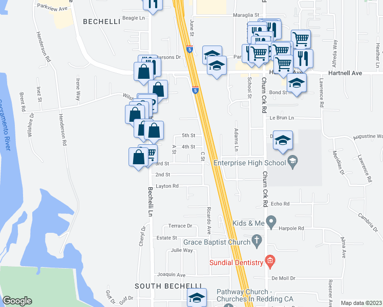 map of restaurants, bars, coffee shops, grocery stores, and more near 1103 B Street in Redding
