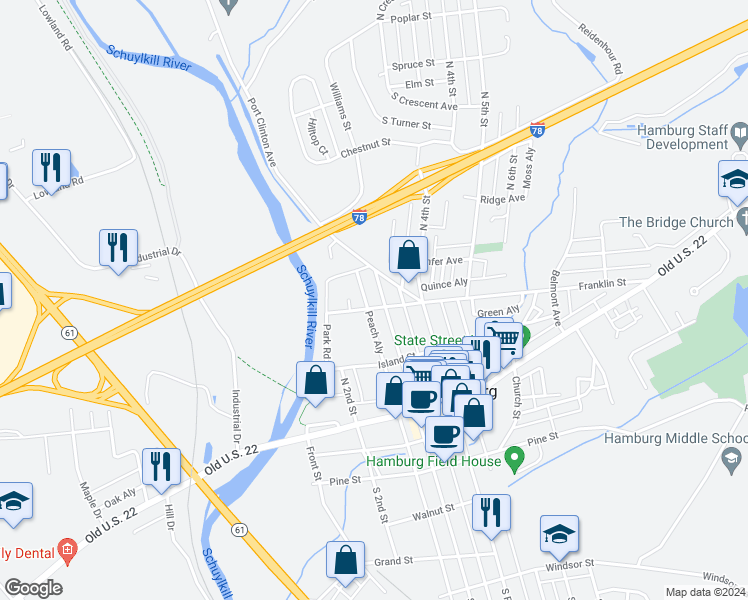 map of restaurants, bars, coffee shops, grocery stores, and more near 202 North 3rd Street in Hamburg