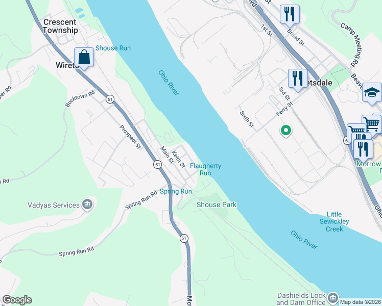 map of restaurants, bars, coffee shops, grocery stores, and more near 1355 Front Street in Glenwillard