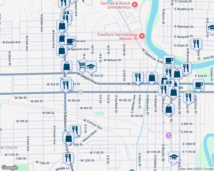 map of restaurants, bars, coffee shops, grocery stores, and more near 901 West 3rd Street in Marion