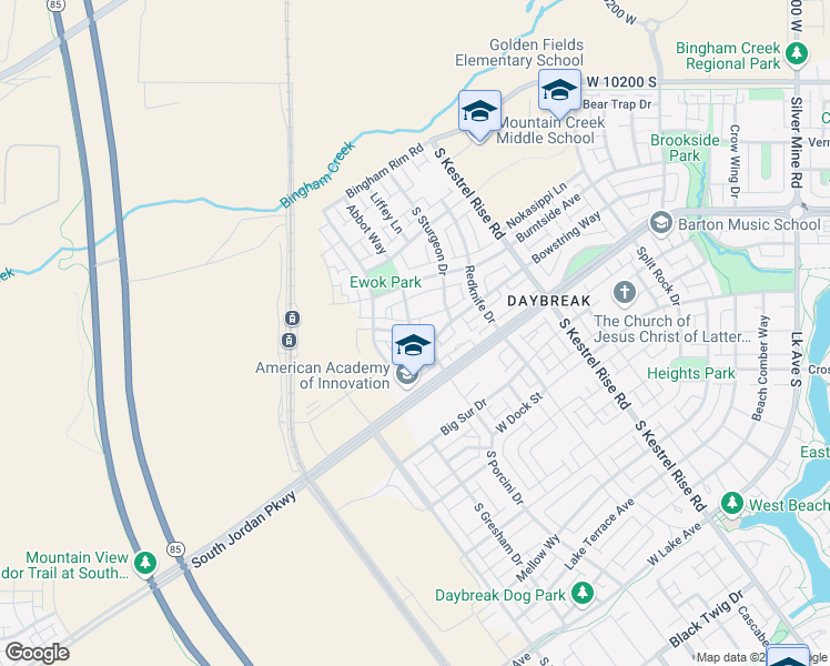 map of restaurants, bars, coffee shops, grocery stores, and more near 10609 Pipestone Way in South Jordan