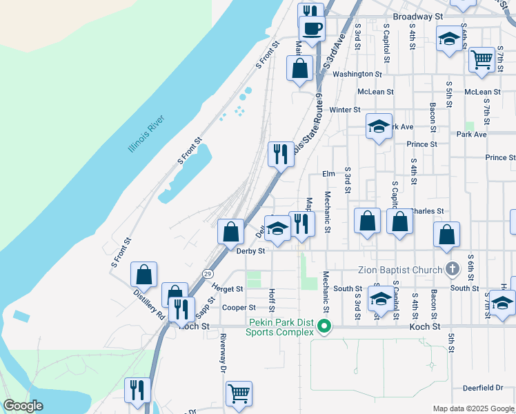 map of restaurants, bars, coffee shops, grocery stores, and more near 1201 South 2nd Street in Pekin