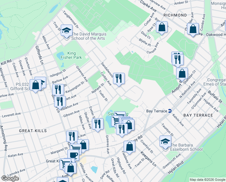map of restaurants, bars, coffee shops, grocery stores, and more near 116 Corbin Avenue in Staten Island