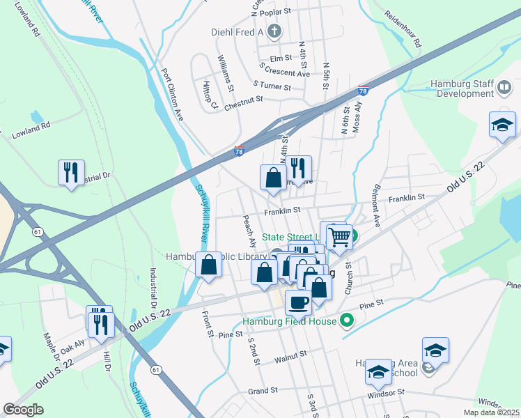 map of restaurants, bars, coffee shops, grocery stores, and more near 202 North 3rd Street in Hamburg