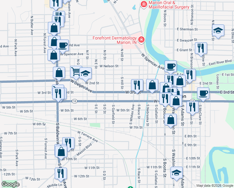 map of restaurants, bars, coffee shops, grocery stores, and more near 725 West 3rd Street in Marion