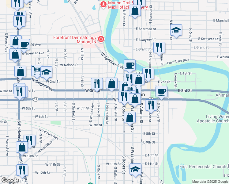 map of restaurants, bars, coffee shops, grocery stores, and more near 304 South Gallatin Street in Marion
