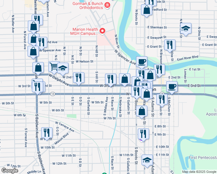 map of restaurants, bars, coffee shops, grocery stores, and more near 511 West 3rd Street in Marion