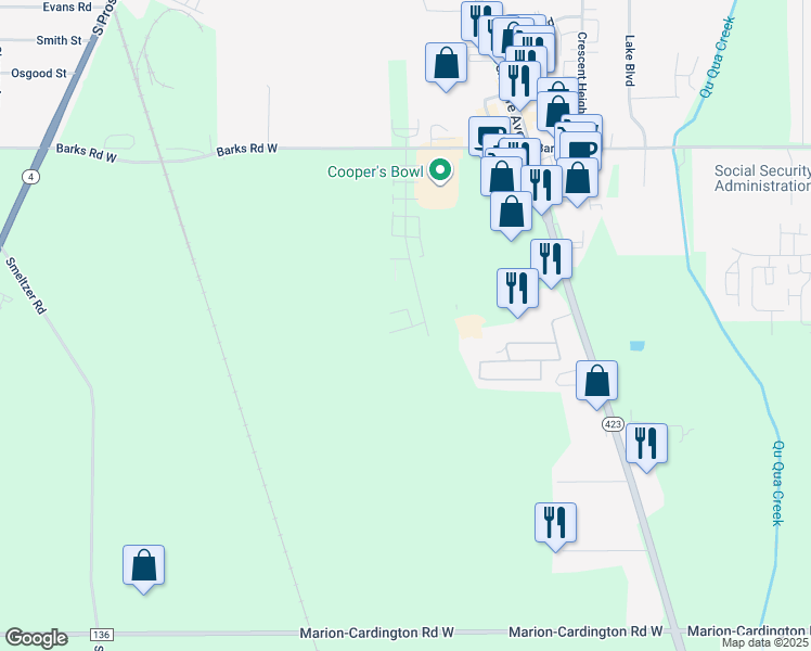 map of restaurants, bars, coffee shops, grocery stores, and more near 1609 Southland Parkway in Marion