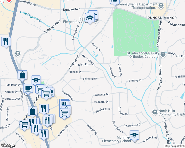 map of restaurants, bars, coffee shops, grocery stores, and more near 1242 Bingay Drive in Pittsburgh