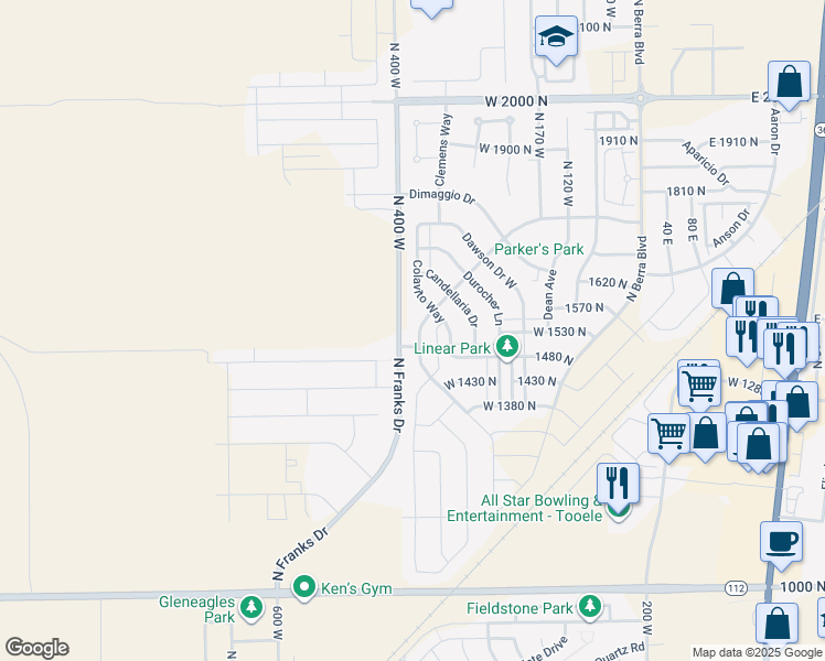 map of restaurants, bars, coffee shops, grocery stores, and more near 1531 Drysdale Way in Tooele