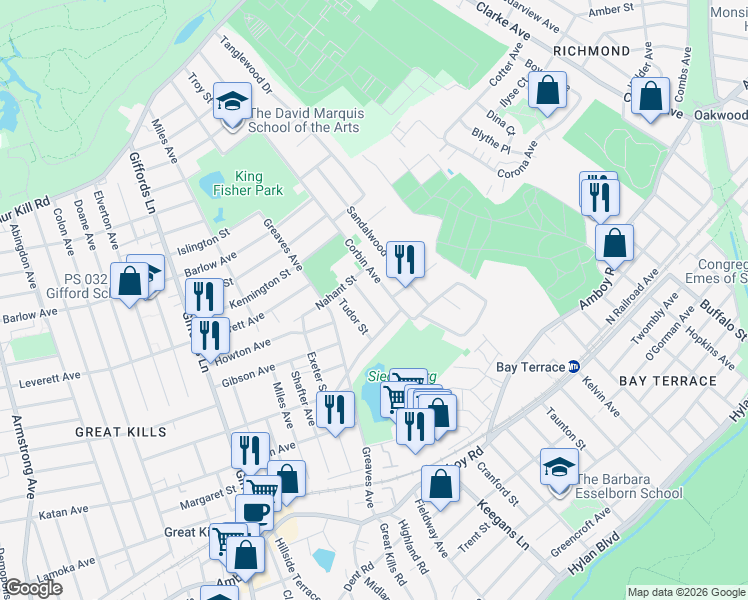map of restaurants, bars, coffee shops, grocery stores, and more near 31 Dunbar Street in Staten Island