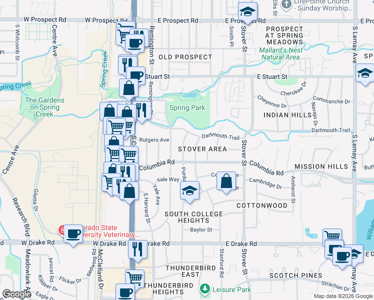 map of restaurants, bars, coffee shops, grocery stores, and more near 2221 Stanford Road in Fort Collins