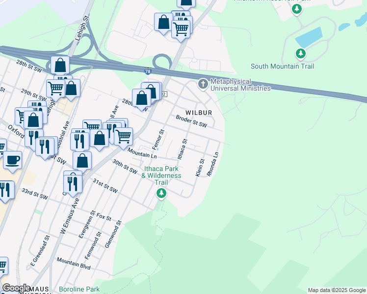 map of restaurants, bars, coffee shops, grocery stores, and more near 2601 Prospect Avenue in Allentown