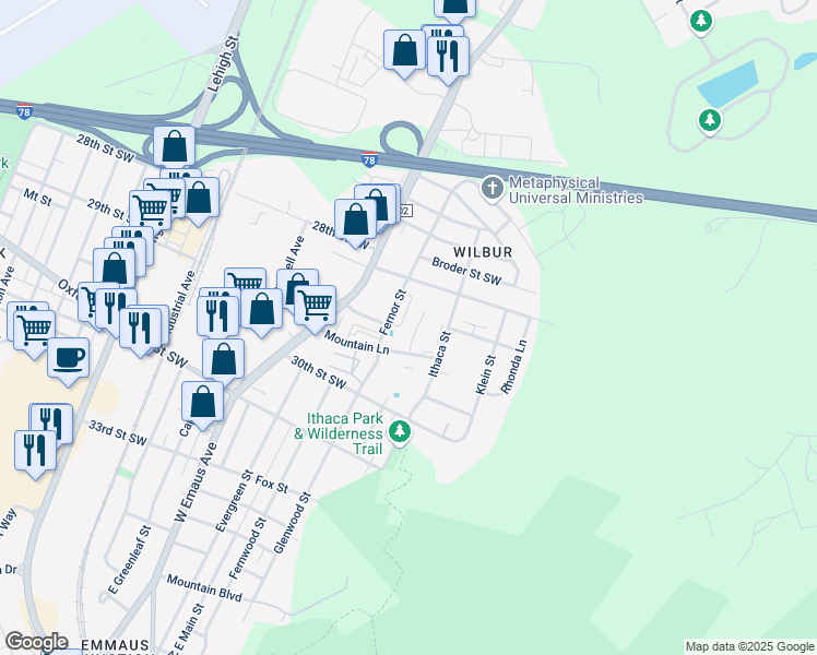 map of restaurants, bars, coffee shops, grocery stores, and more near 2865 Huron Street in Allentown