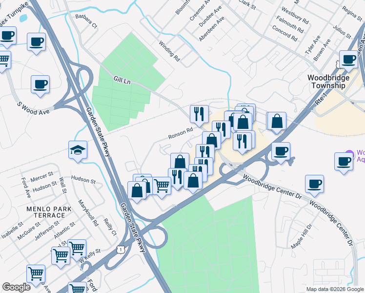 map of restaurants, bars, coffee shops, grocery stores, and more near Woodbridge Commons Way in Woodbridge Township