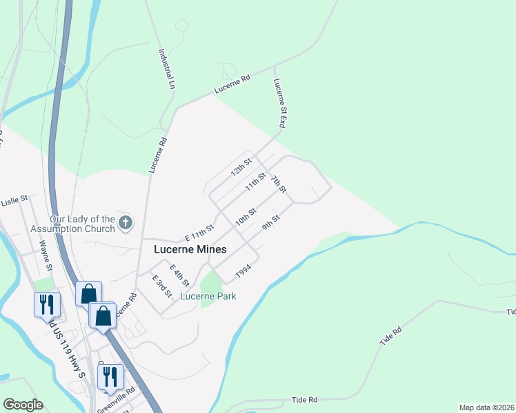 map of restaurants, bars, coffee shops, grocery stores, and more near 121 10th Street in Lucerne Mines