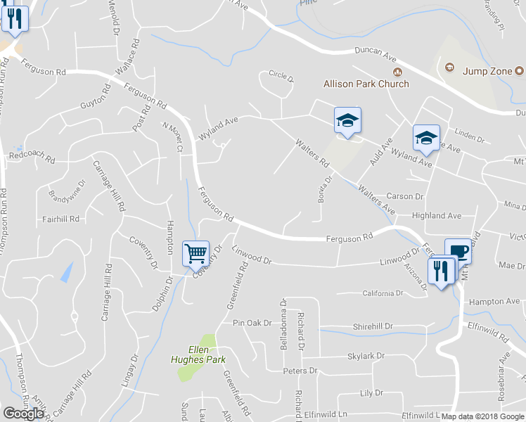 map of restaurants, bars, coffee shops, grocery stores, and more near 2191 Ferguson Road in Hampton Township