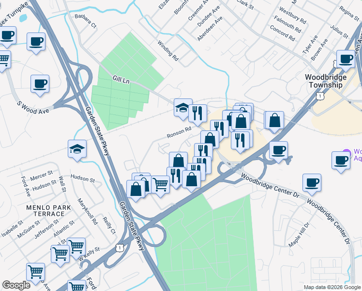 map of restaurants, bars, coffee shops, grocery stores, and more near Woodbridge Commons Way in Woodbridge Township