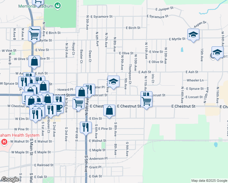 map of restaurants, bars, coffee shops, grocery stores, and more near 749 East Locust Street in Canton