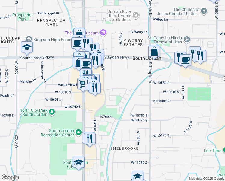 map of restaurants, bars, coffee shops, grocery stores, and more near 10596 South Pinyon Pines Court in South Jordan