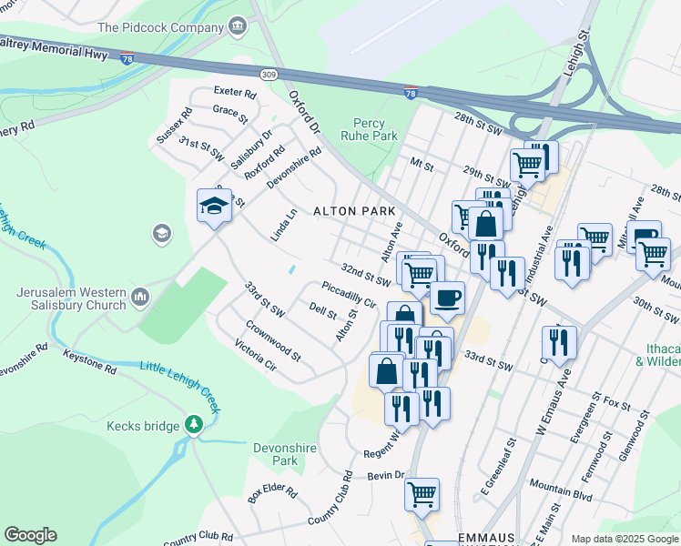 map of restaurants, bars, coffee shops, grocery stores, and more near 1754 Piccadilly Circle in Allentown