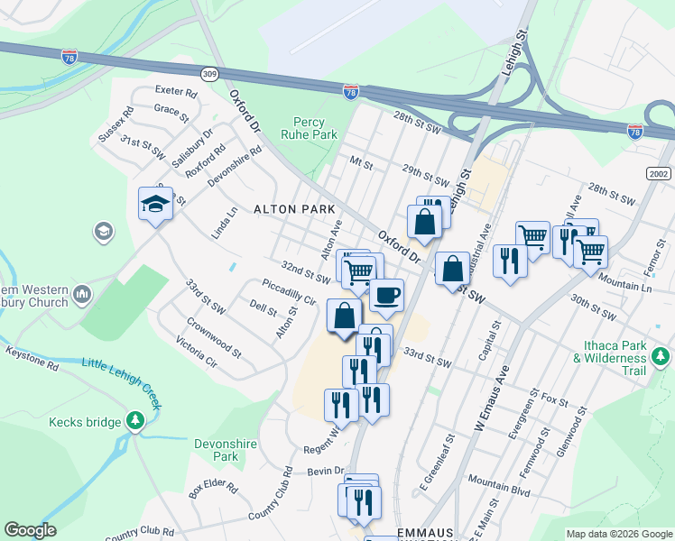 map of restaurants, bars, coffee shops, grocery stores, and more near 3131 Arcadia Ave in Allentown