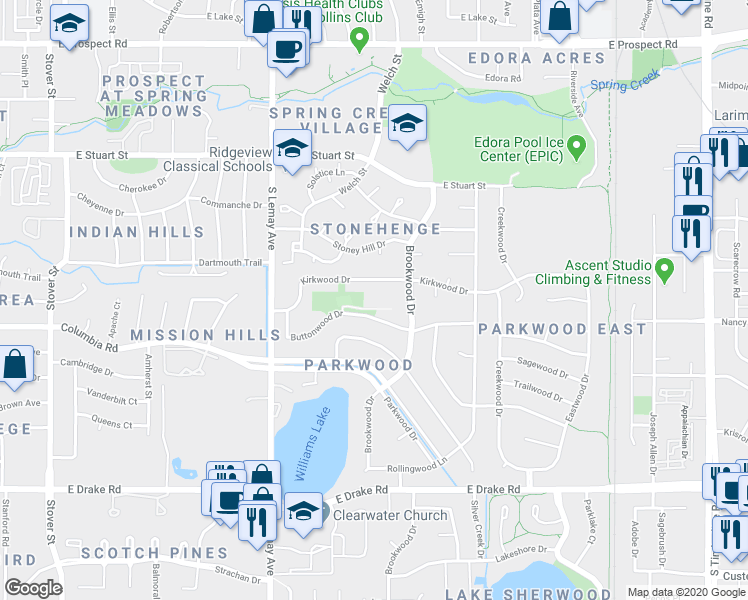 map of restaurants, bars, coffee shops, grocery stores, and more near 1305 Kirkwood Drive in Fort Collins