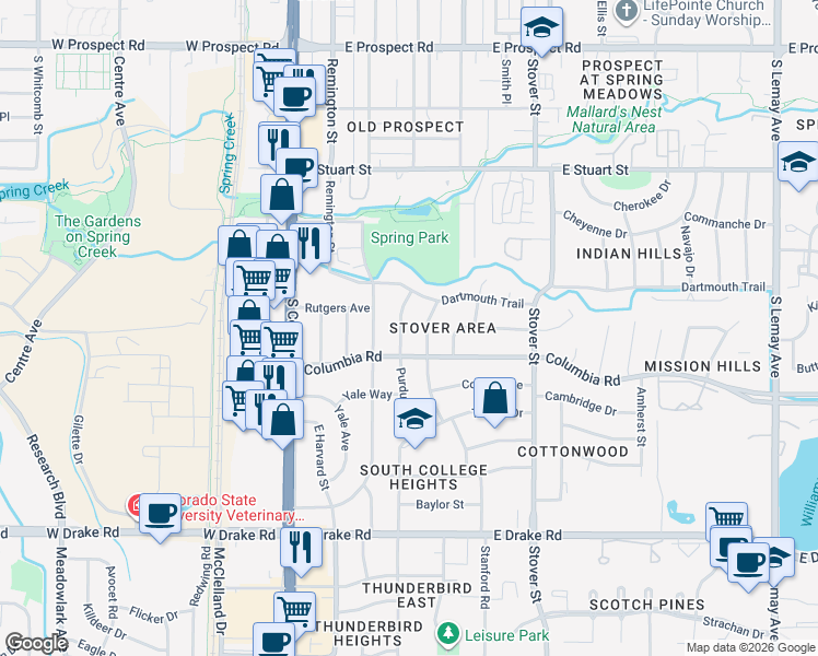 map of restaurants, bars, coffee shops, grocery stores, and more near 2221 Stanford Road in Fort Collins