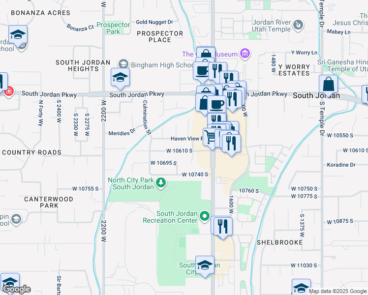 map of restaurants, bars, coffee shops, grocery stores, and more near 1808 10610 South in South Jordan