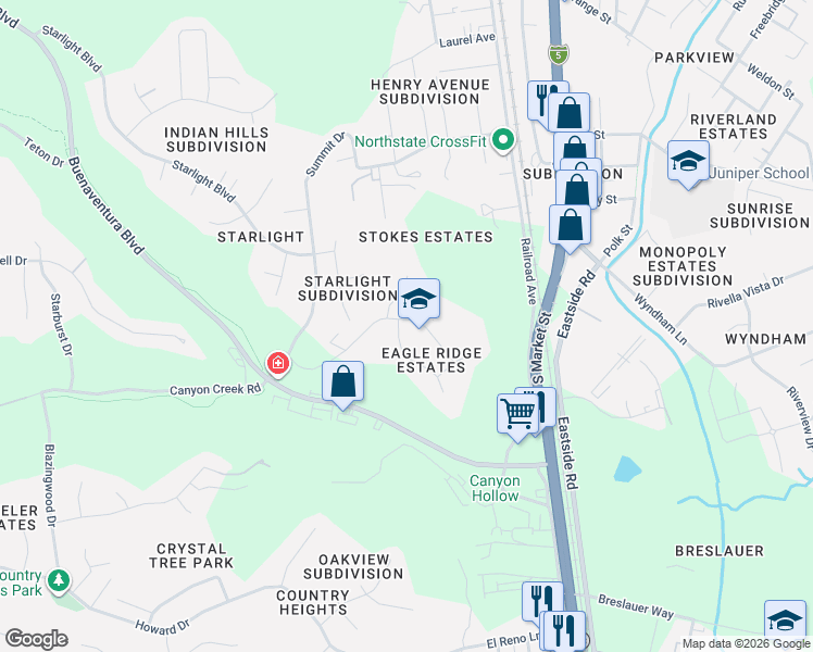 map of restaurants, bars, coffee shops, grocery stores, and more near 3921 Silver Lace Lane in Redding