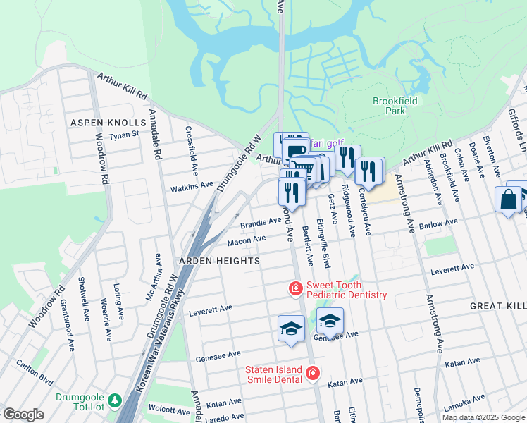 map of restaurants, bars, coffee shops, grocery stores, and more near 31 Brandis Avenue in Staten Island