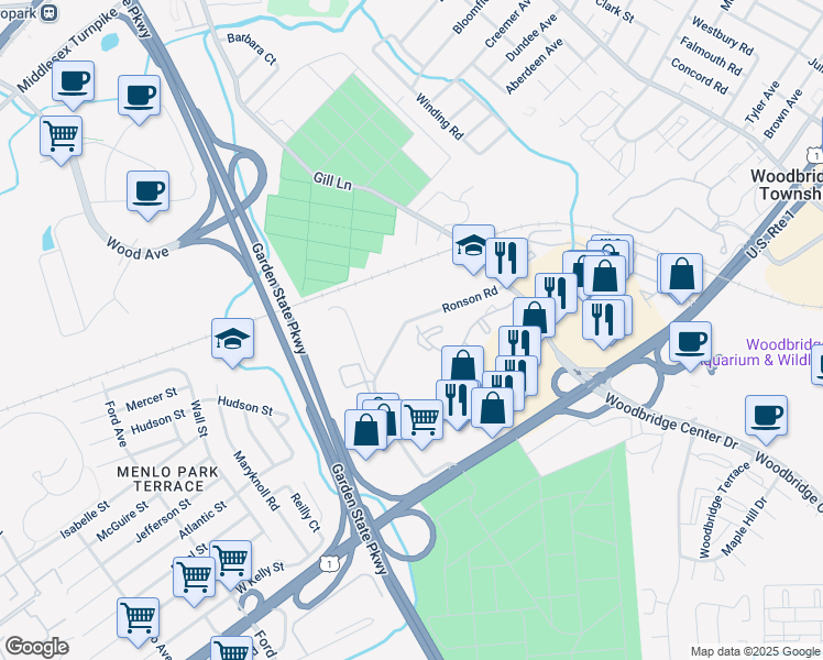 map of restaurants, bars, coffee shops, grocery stores, and more near in Woodbridge Township