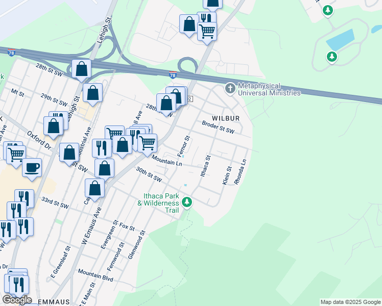 map of restaurants, bars, coffee shops, grocery stores, and more near 2865 Huron Street in Allentown