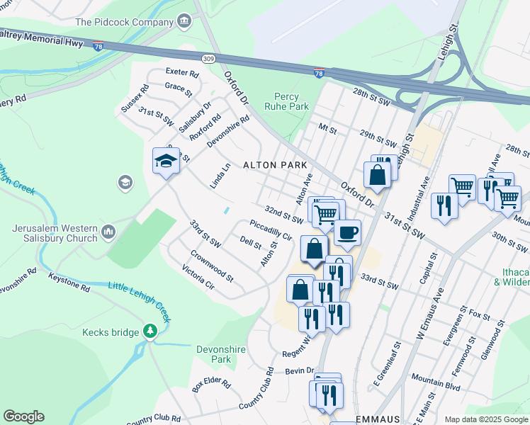 map of restaurants, bars, coffee shops, grocery stores, and more near 1754 Piccadilly Circle in Allentown