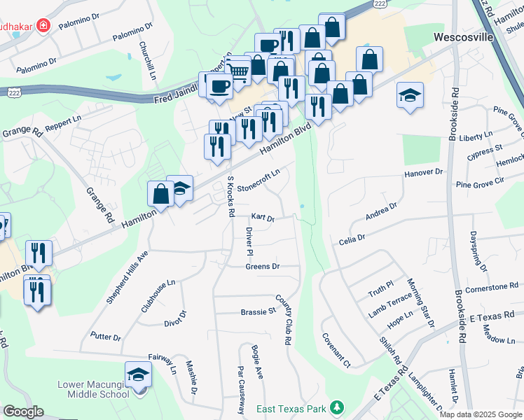 map of restaurants, bars, coffee shops, grocery stores, and more near 5627 Kart Drive in Allentown