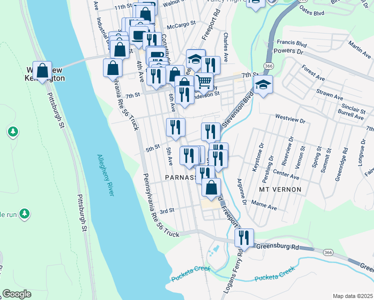 map of restaurants, bars, coffee shops, grocery stores, and more near 449 6th Avenue in New Kensington